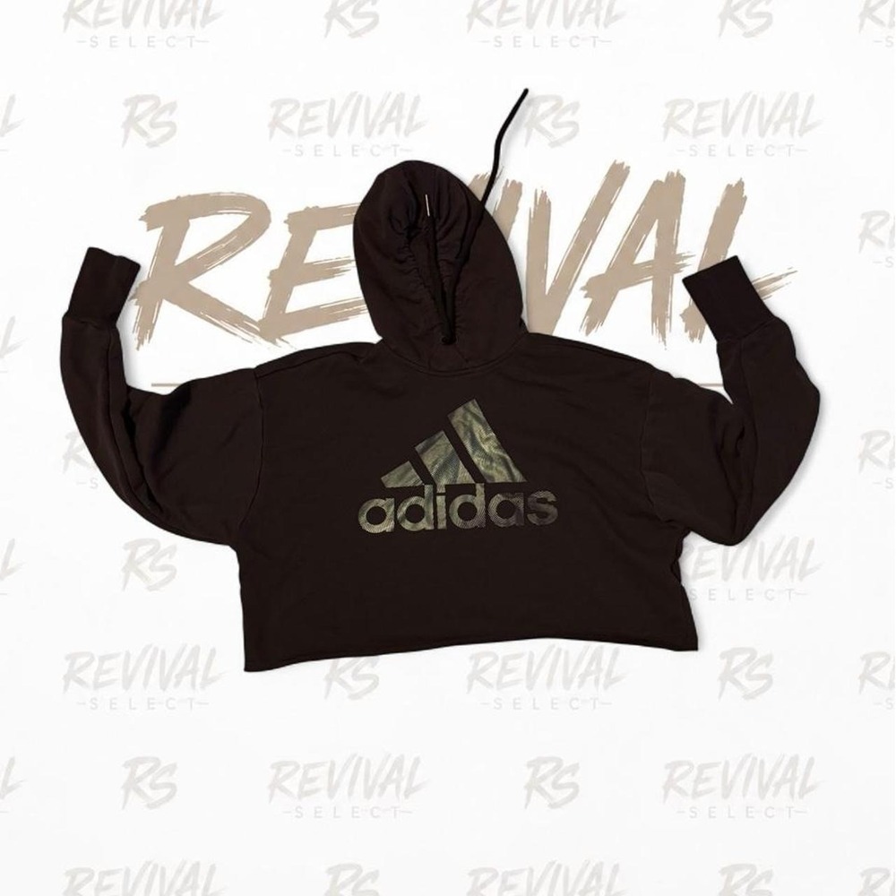 Adidas Womens Cropped Hoodie Brown Gold Foil Logo Sweatshirt Small Raw Hem